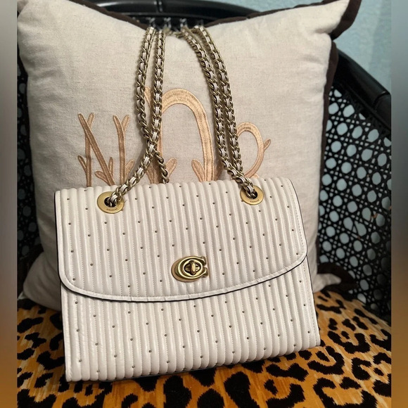 COACH Parker White/Cream Handbag with Quilting & Gold Rivets Shoulder Crossbody - Picture 6 of 16